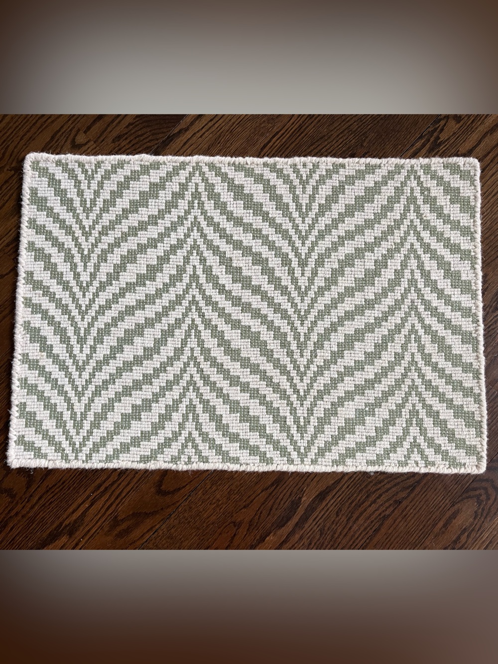 27 inches by 18.5 inches 100% Wool Chevron in Sage and White Carpet, Rug, Mat